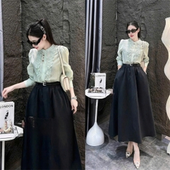 A136-Áo sơ mi nữ voan tơ bèo cổ 2 màu xanh xám