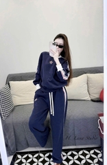 Set799-Set mặc nhà nỉ haida xanh than thêu đỏ quần suông dài