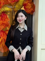 SET388-Set phối kẻ đen dáng xoè cúc ngọc chất trượt Thái