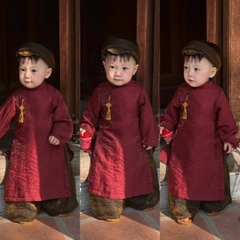 Bt825- Bộ áo dài đũi đỏ xước- nâu  bé trai kèm vấn đầu