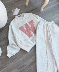 [Max 39kg] Bt725- Bộ nỉ mèo hồng quần suông bé gái màu ghi