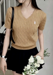 A536-Áo len thừng cộc tay cổ V màu nâu hàng nhà máy đủ tem