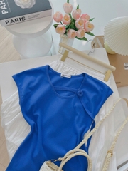 SET651-Set áo thun xanhcách điệu phối chaanvays midi trắng thô