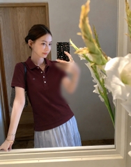 A635-Áo polo  đỏ mận thêu ngực hàng nhà máy đủ tem