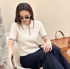 A679-Áo len thừng cộc tay trắng viền than và đỏ hàng nhà máy đủ tem