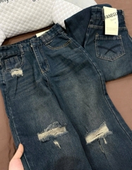 QUAN014-QUẦN JEANS SUÔNG RÁCH 2 BÊN MÀU ĐẬM