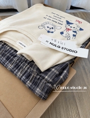 SET1080- Bộ mặc nhà áo cotton phối quần kẻ bo ống