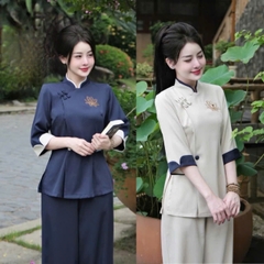 🌿SET253- PHÁP PHỤC ĐI CHÙA THÊU SEN 2 MÀU  THAN-BE