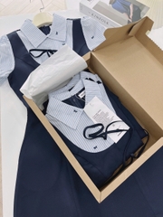 Dam174- Váy xoè ngắn đen phối tay sơ mi kẻ đính nơ