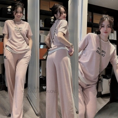 SET479-SEt bộ tăm nhung màu hồng chữ in phối viền trắng quần suông