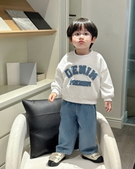 BT699-Bộ DENIM trắng chữ xù mix quần jeans suông mềm