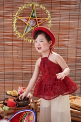 TRUNG THU-SETKID054-Set áo yếm đỏ bé gái đính cườm kèm quần trắng,tặng kèm mấn