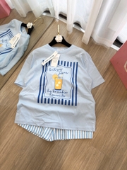 SET1017-Set thun cộc áo kẻ xanh phối quần short