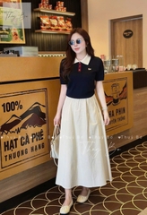 SET748- Set áo len cộc tay dệt kim phối chân váy midi trắng ngà