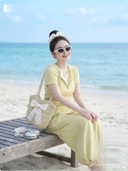 SET1004- Set áo phối khoá vàng nhạt kèm quần dài bo ống