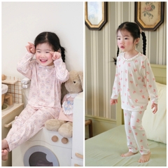 CB166-(8-26kg) Combo 2 bộ thun tăm dài tay bé gái nơ hồng VNXK