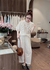 set907-SEt đũi trắng thêu họa tiết áo cộc + quần dài