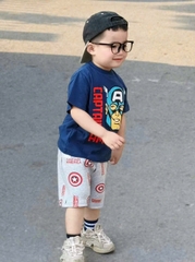 BT163-Bộ thun cộc tay XANH XÁM CAPTAIN mix quần cua in