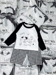 SET771- Bộ mặc nhà gia đình  áo thun quần kẻ suông dài đen trắng