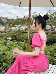 Đầm maxi hồng cánh tiên dáng dài 120cm hở lưng