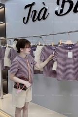 Set665- Set áo thun sọc ngang mix quần short jeans màu be