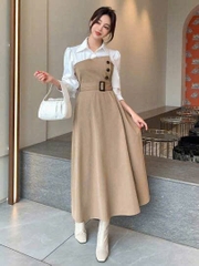 Dam126- Đầm kaki nâu phối sơ mi liền tặng kèm đai