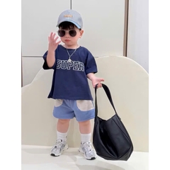 BT459- Bộ super xanh biển phối kèm mũ kẻ chất cotton mix quần cua