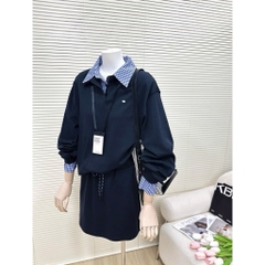 Set760- Set mì màu than áo cổ sơ mi mix CV chữ A xoè