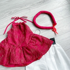 TRUNG THU-SETKID054-Set áo yếm đỏ bé gái đính cườm kèm quần trắng,tặng kèm mấn