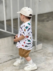 BT319- Bộ áo sơ mi khủng long mix quần nâu kaki co giãn bé trai