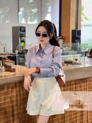SET718-Set áo sơ mi kẻ xanh phối quần short ly