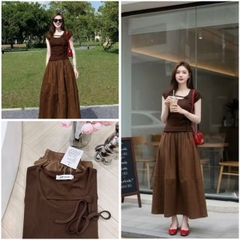 SET1006- Set áo cotton nâu đính hoa phối chân váy midi dài