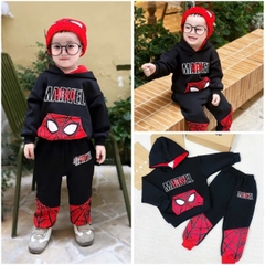 BN224-Bộ nỉ bông  MARVEL đen đỏ phối chân có mũ 2 lớp
