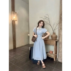 Dam170- đầm tơ xanh phối cổ trắng 2 lớp dáng xoè dài