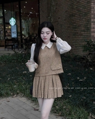 SET361- Set áo somi phối dạ và chân váy xếp ly nâu xám