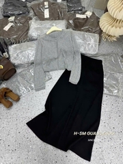 Set825- Set dạo phố váy 2 dây đen phối áo len cadigan xám