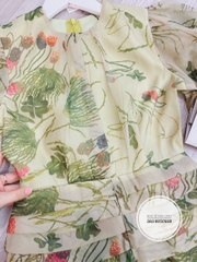 Đầm hoa xanh xếp ly thân đuôi cá vải cao cấp