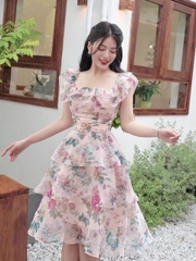 Đầm voan tầng cổ vuông 2 lớp