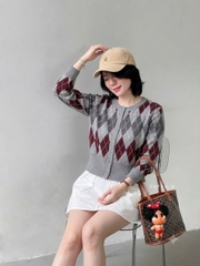 A758- Áo len kẻ trám dáng lỡ đủ tem Camilla