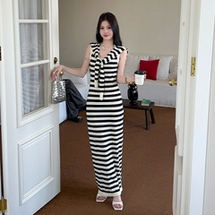 Dam173- Váy len sát nách kẻ ngang dáng dài tặng kèm khăn choàng