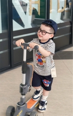 BN090- Bộ thun kẻ xanh than PAW mix quần chân cua