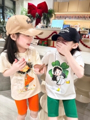 BT839-Combo 2 bộ thun cộc tay trắng cam xanh bé gái 9-26kg