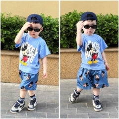 BT485- Bộ áo cotton Mickey mouse xanh lá mix quần cua bé trai