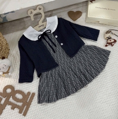 Setkid03- Set áo than mix đầm kẻ zic zắc bé gái hàng thiết kế