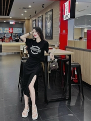 Set đầm chữ xẻ chất zip tàu 2 màu đen, xám