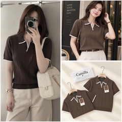 A744-Áo len dệt kim cộc tay nâu viền trắn Camilla