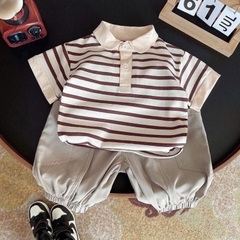 Bt815- Bộ áo thun polo kẻ nâu phối quần dài bo ống
