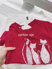 SET739-Bộ dạo phố áo thun Mèo đỏ phối chân váy jean trắng