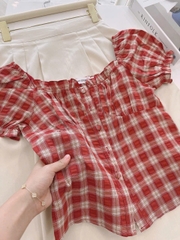 Set717-Set áo kẻ đỏ trễ vai phối quần ống suông