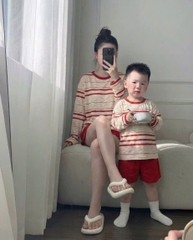 SET1033- Bộ mặc nhà mẹ con áo thun dài tay kẻ đỏ